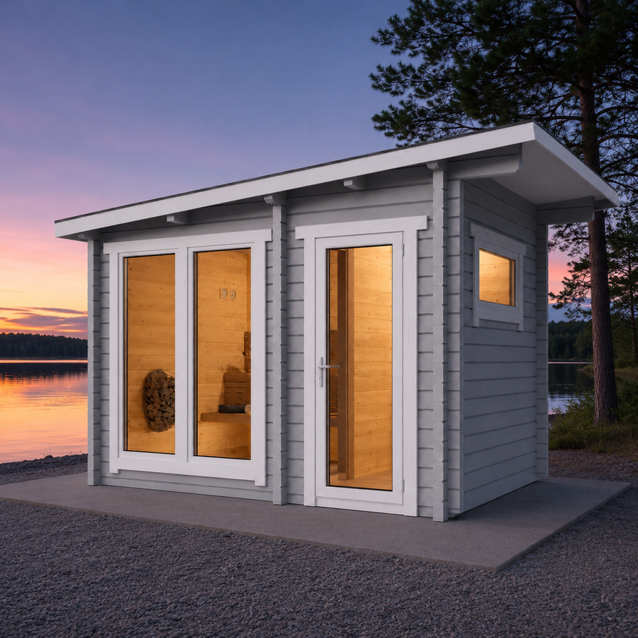 Multiroom Log Sauna Higi XL — 5–6 Person 45mm Spruce Garden Sauna, Front Changing Area, 6.6m²