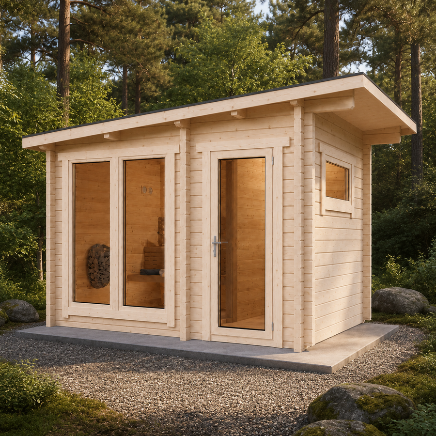 Multiroom Log Sauna Higi XL — 5–6 Person 45mm Spruce Garden Sauna, Front Changing Area, 6.6m²