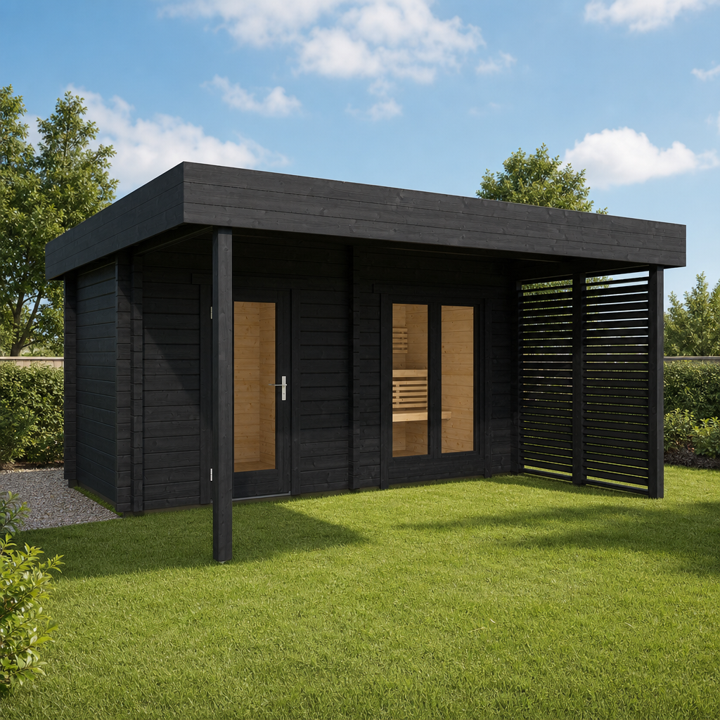 Multiroom Log Sauna Magnus — 6–8 Person 70mm Spruce Garden Sauna, Lounge & Privacy Screen, 8m²
