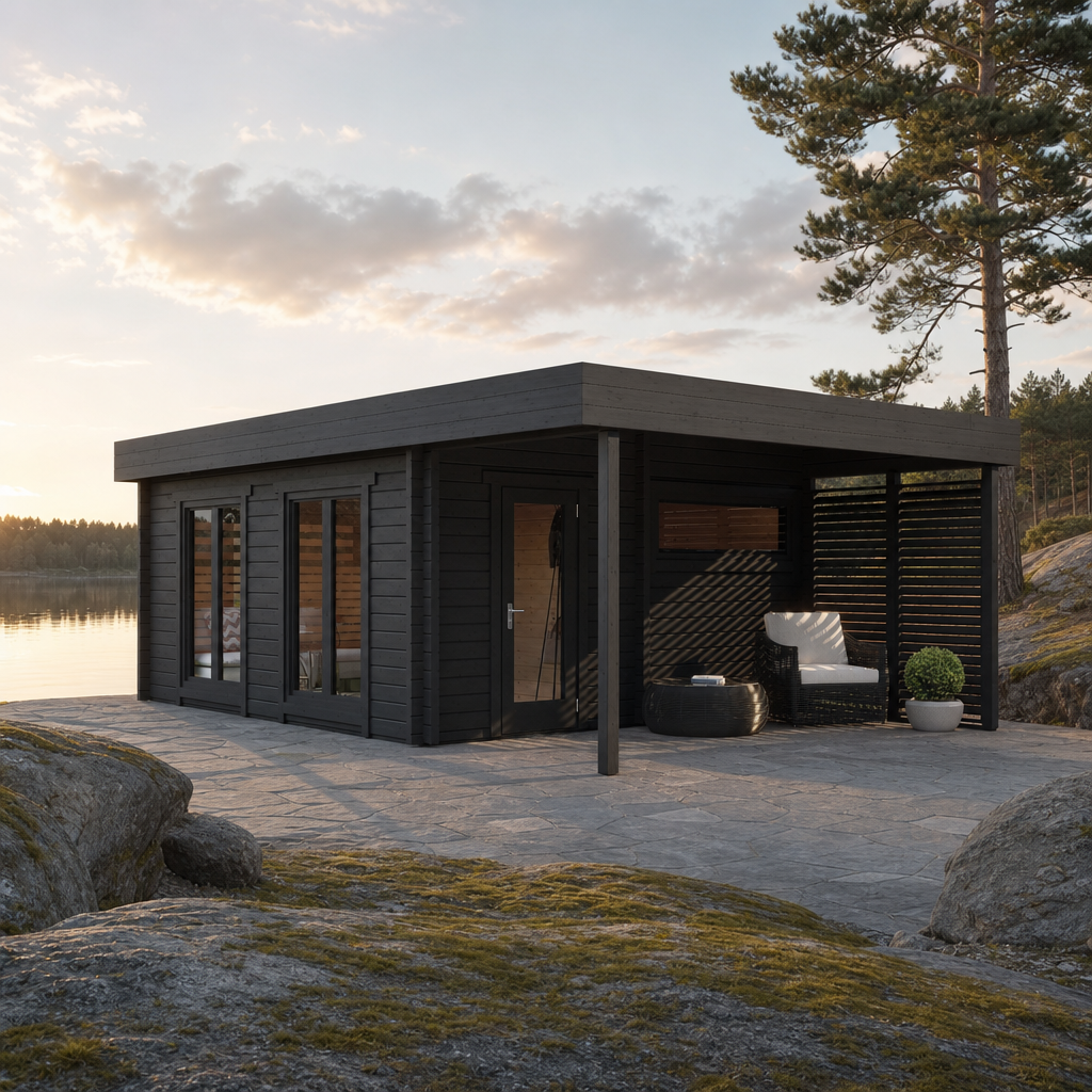 Multiroom Log Sauna Magnus XL — 4–6 Person 70mm Spruce Garden Sauna, Covered Pergola Terrace, 19m²
