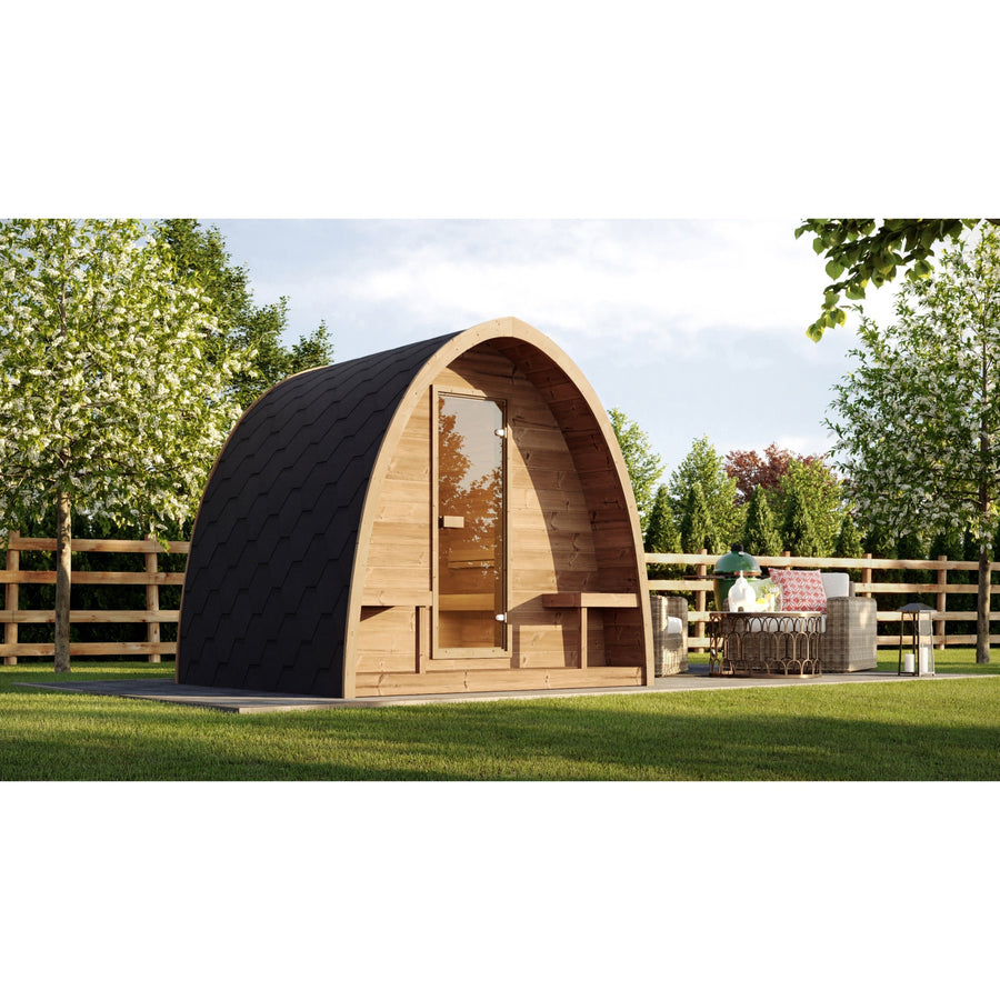 Outdoor Sauna Pod 220 — Arched Spruce Garden Sauna, Glass Door 2.2m — lifestyle photo 2