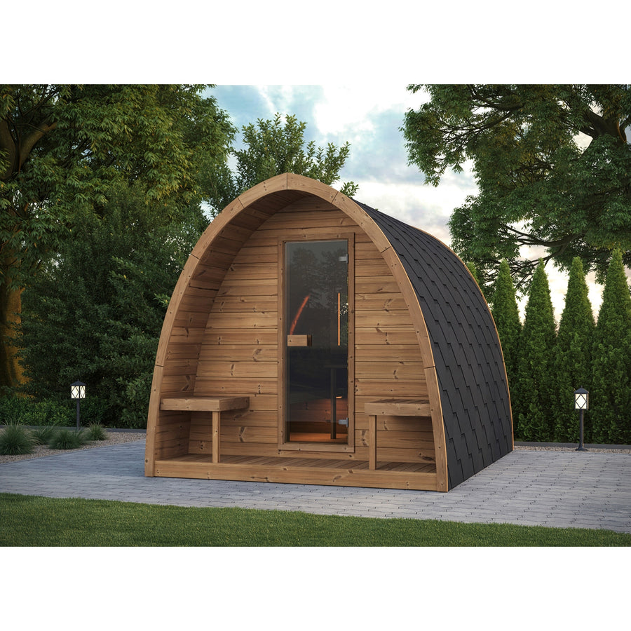 Outdoor Sauna Pod 300 — Arched Thermowood Sauna, Glass Door 3m — lifestyle photo 1