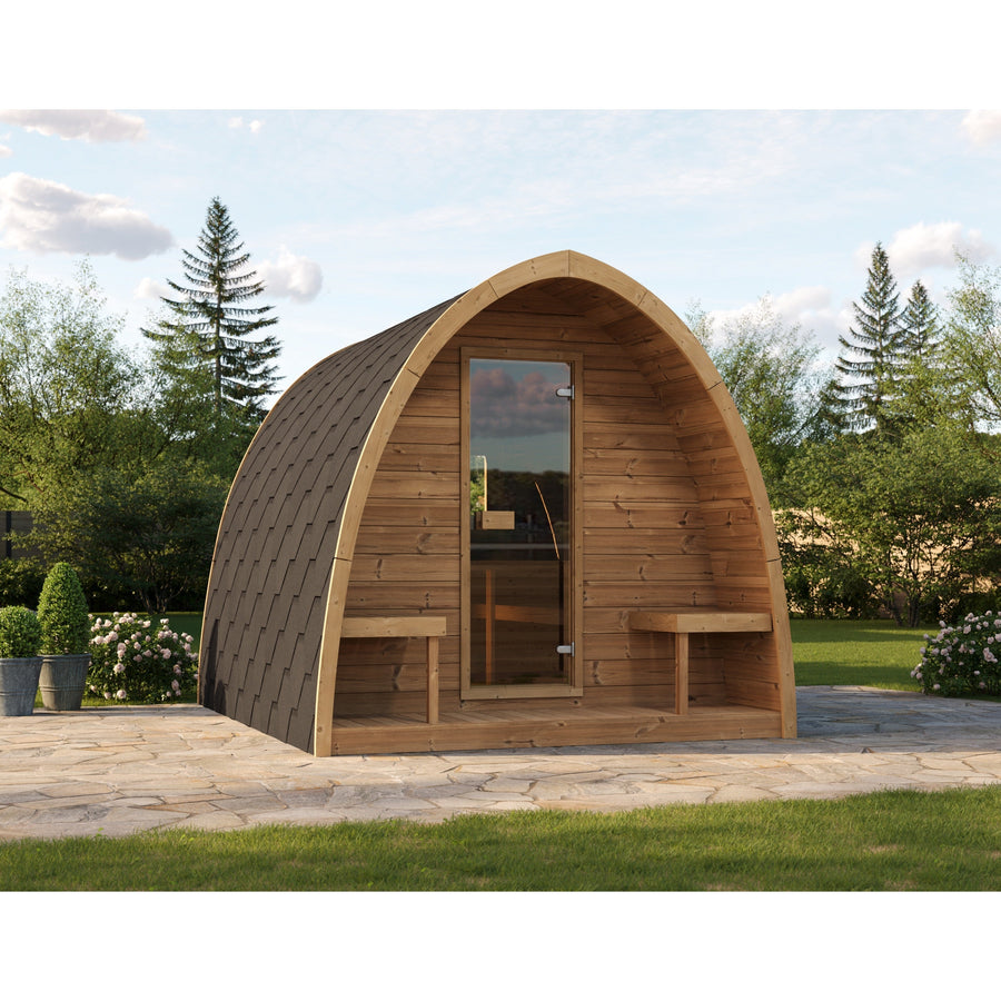 Outdoor Sauna Pod 300 — Arched Thermowood Sauna, Glass Door 3m — lifestyle photo 2