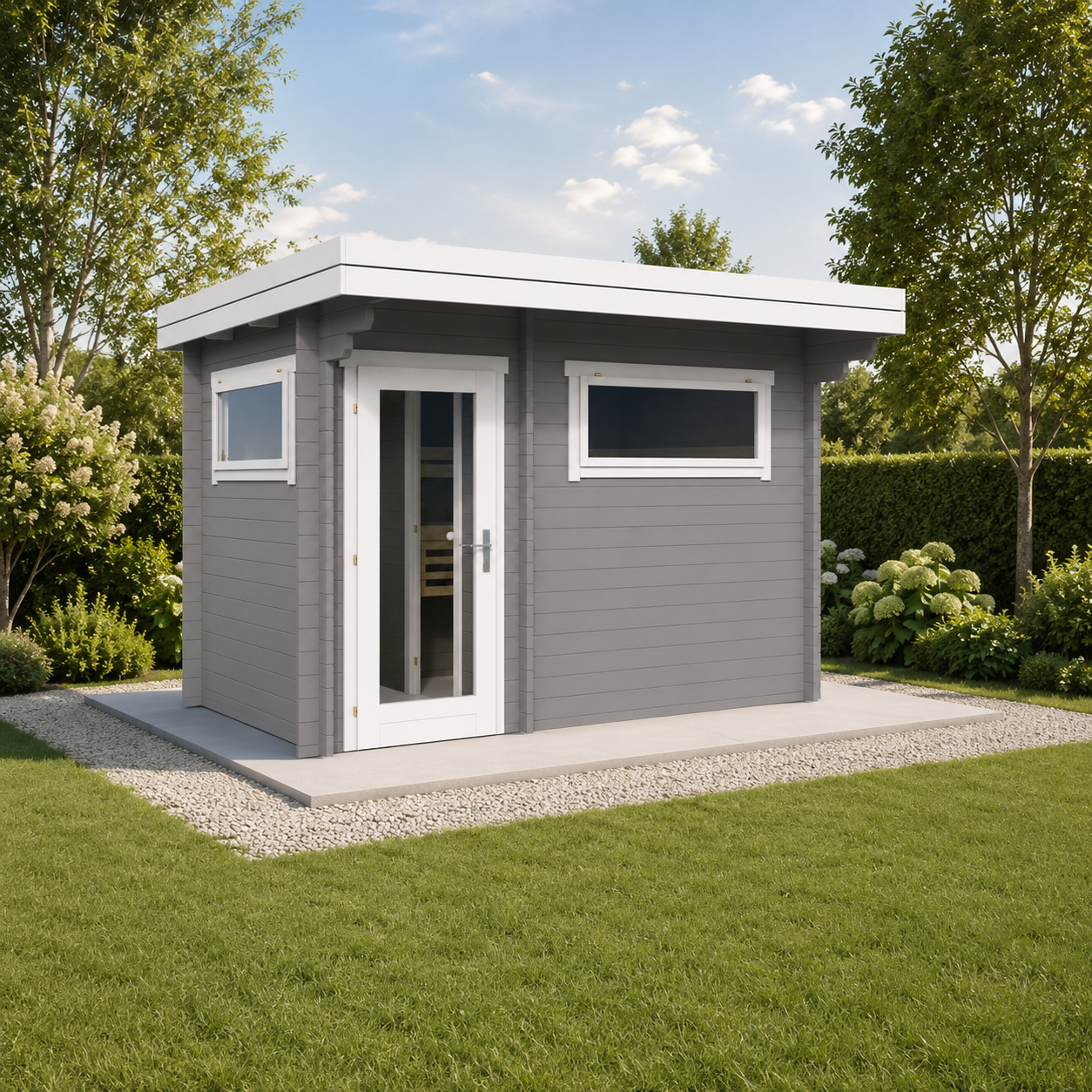 Log Sauna Timo — 4–5 Person Spruce Garden Sauna, Two Rooms, Flat Roof & Entrance Overhang, 6.5m²