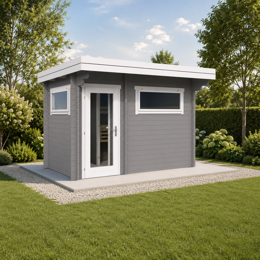 Log Sauna Timo — 4–5 Person Spruce Garden Sauna, Two Rooms, Flat Roof & Entrance Overhang, 6.5m²