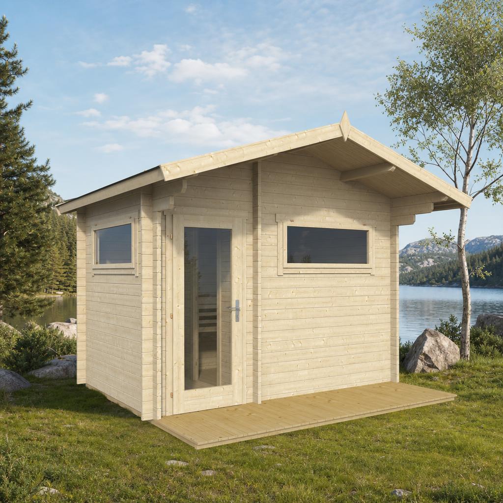 Log Sauna Timo — 4–5 Person Spruce Garden Sauna, Two Rooms, Pitched Roof & Entrance Overhang, 6.5m²