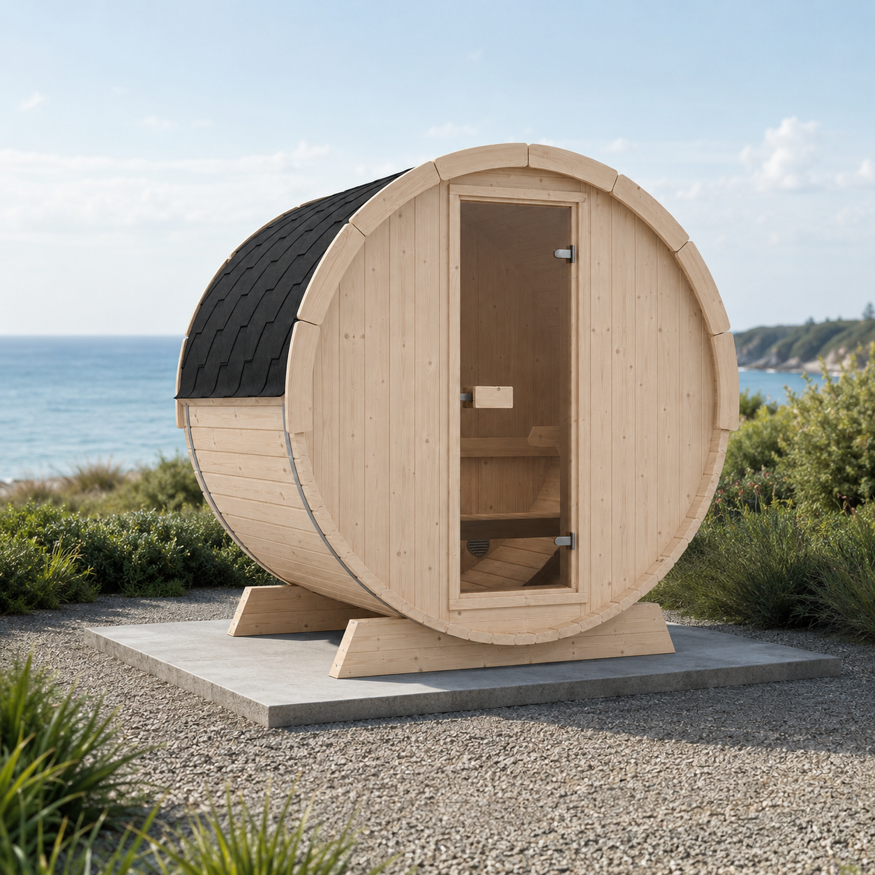 Terrace Barrel Sauna — 2–3 Person Spruce Garden Sauna, Integrated Terrace, 1.6m