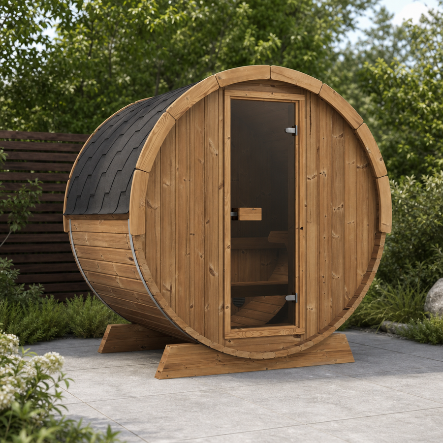 Terrace Barrel Sauna — Spruce Garden Sauna for Decking, 1.6m — lifestyle photo 1