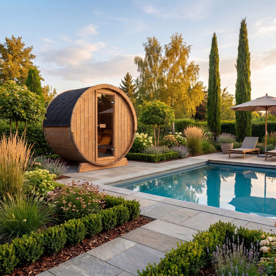 Terrace Barrel Sauna — Thermowood Garden Sauna for Decking, 1.6m — lifestyle photo 2