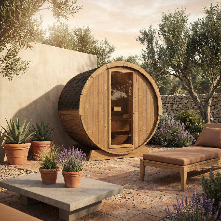 Terrace Barrel Sauna — Thermowood Garden Sauna for Decking, 1.6m — lifestyle photo 3