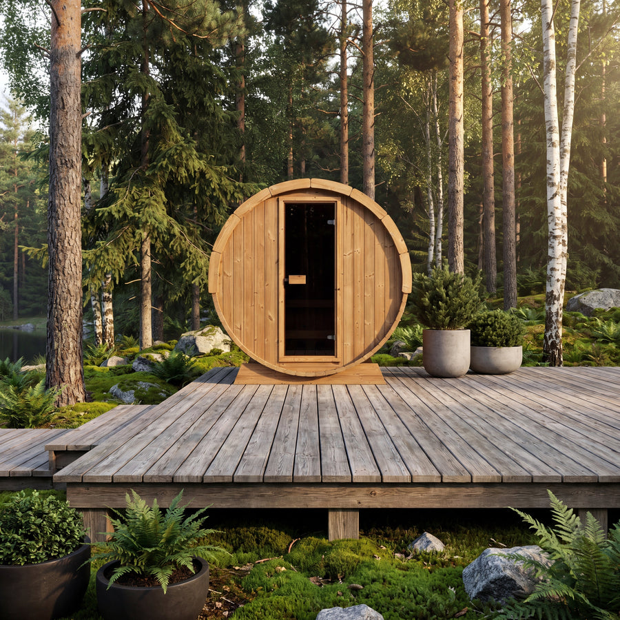 Terrace Barrel Sauna — Thermowood Garden Sauna for Decking, 1.6m — lifestyle photo 4