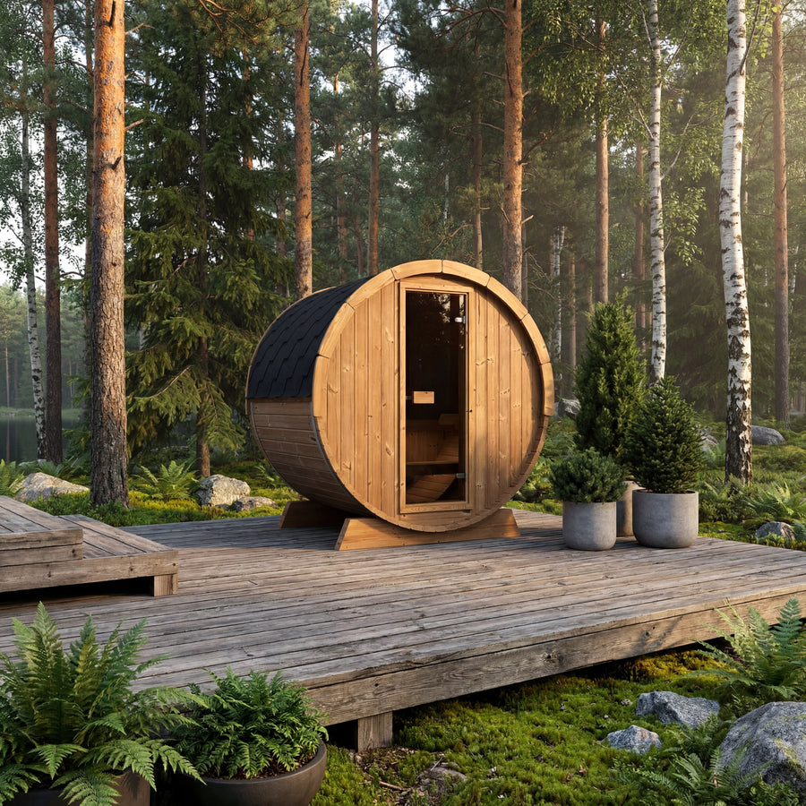 Terrace Barrel Sauna — Thermowood Garden Sauna for Decking, 1.6m — lifestyle photo 5
