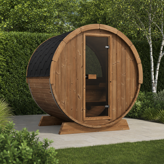 Terrace Barrel Sauna — Thermowood Garden Sauna for Decking, 1.6m — lifestyle photo 6