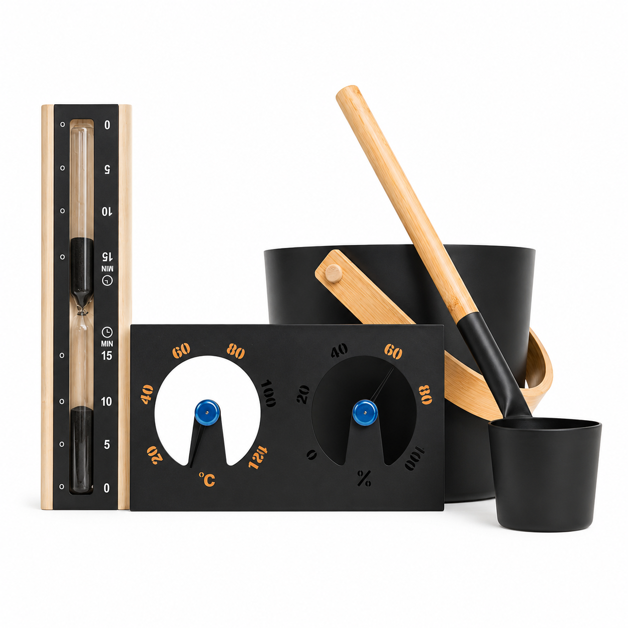 Sauna Accessories Set Black — Bucket, Ladle, Thermometer & Timer