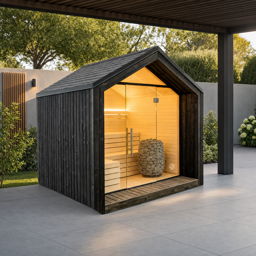 Modular Garden Sauna Lumi — 2–3 Person Painted Spruce Insulated Sauna, Full Front Glass & LEDs, 3.55m²