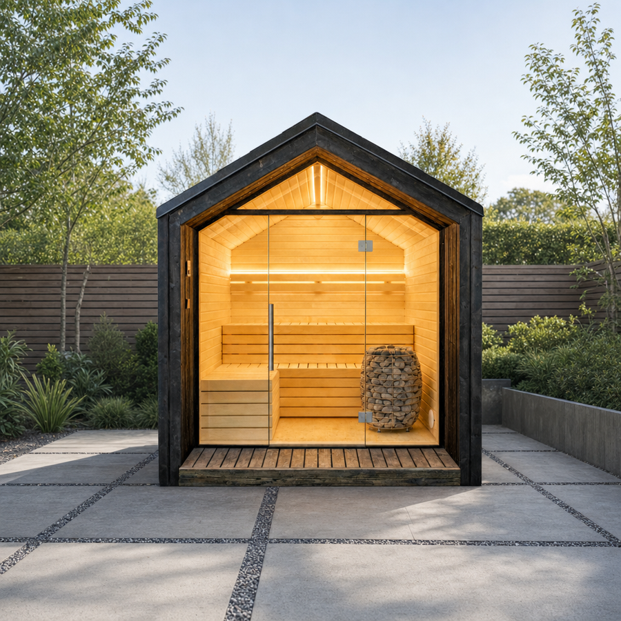Modular Garden Sauna Lumi — 2–3 Person Painted Spruce Insulated Sauna, Full Front Glass & LEDs, 3.55m²