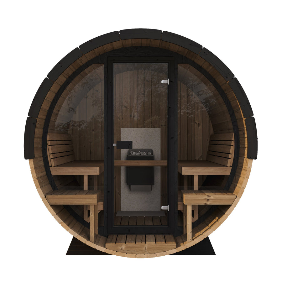 Barrel Sauna 280 Deluxe — Full Front Glass Thermowood Sauna, 2.8m — thermowood — front view 1