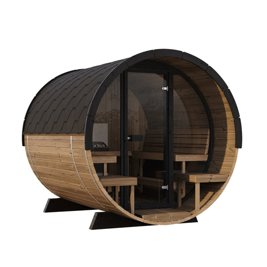 Barrel Sauna 280 Deluxe — Full Front Glass Thermowood Sauna, 2.8m — thermowood — front view 3