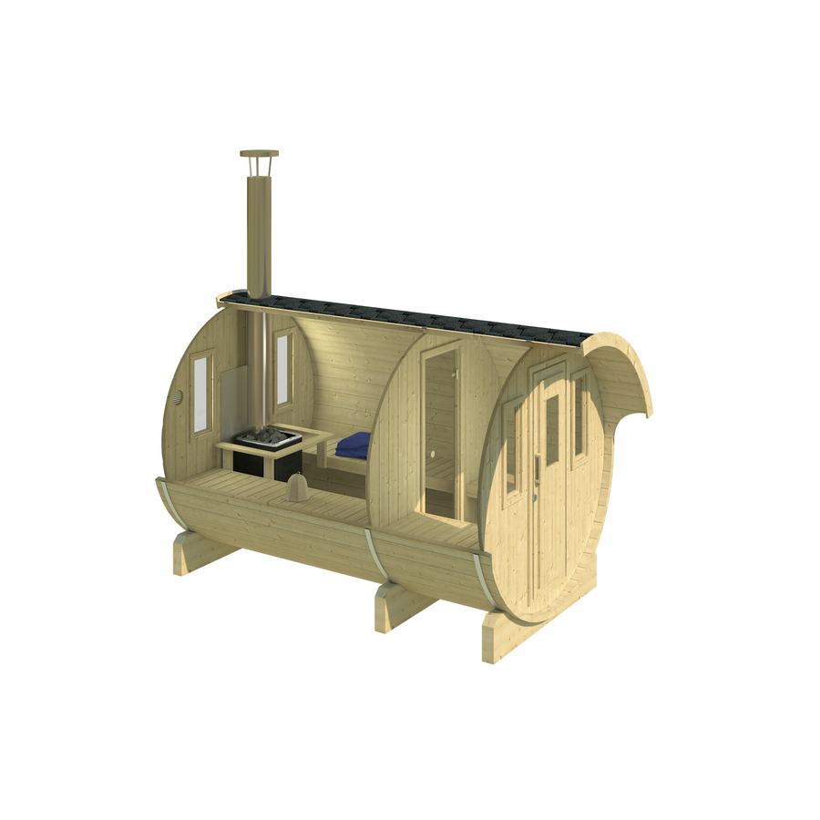 Barrel Sauna 330 with Overhang — Spruce Sauna, Sheltered Entrance 3.3m — spruce — side view 1