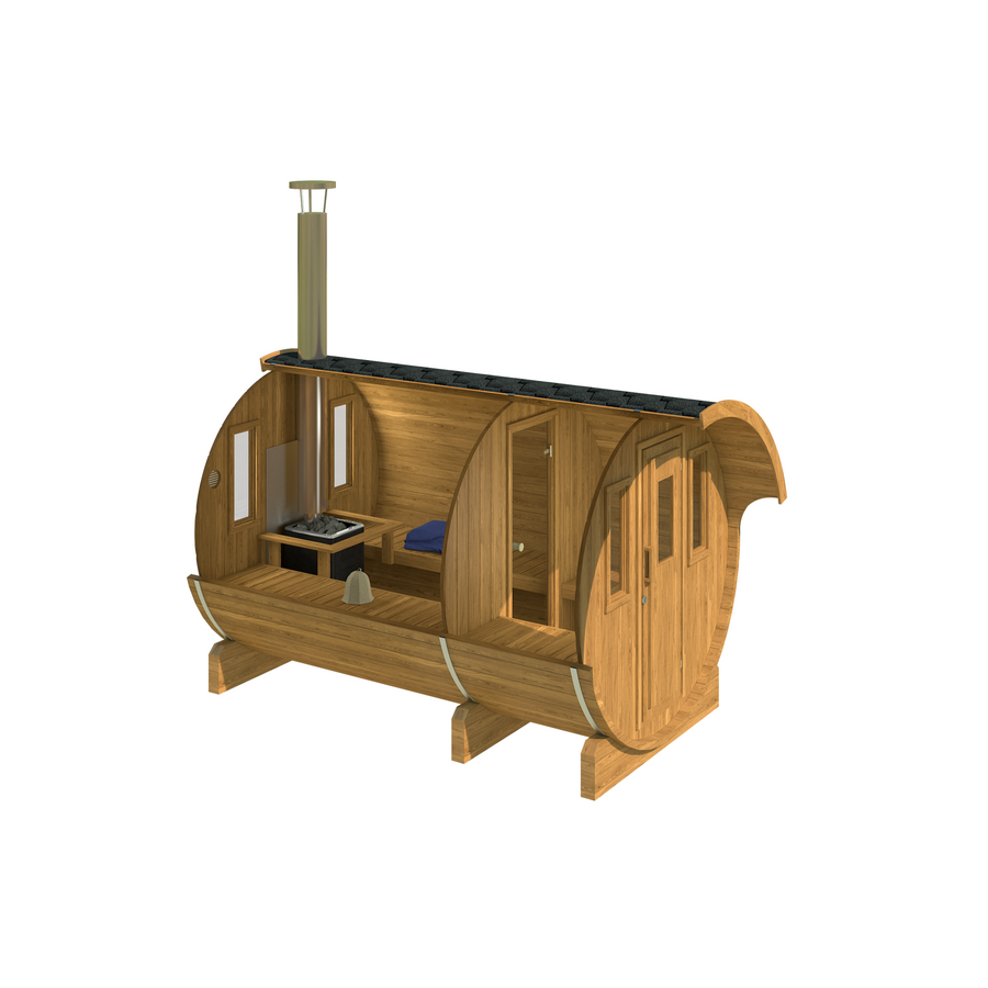Barrel Sauna 330 with Overhang — Thermowood, Sheltered Entrance 3.3m — thermowood — side view 1