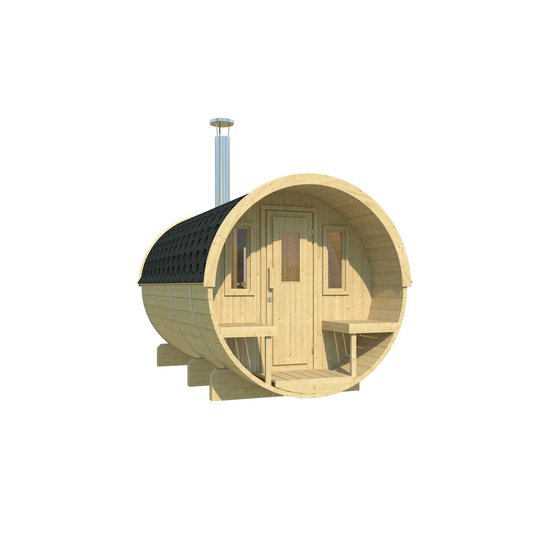 Barrel Sauna 330 with Terrace — Spruce Sauna & Outdoor Seating, 3.3m — spruce — angle view 1