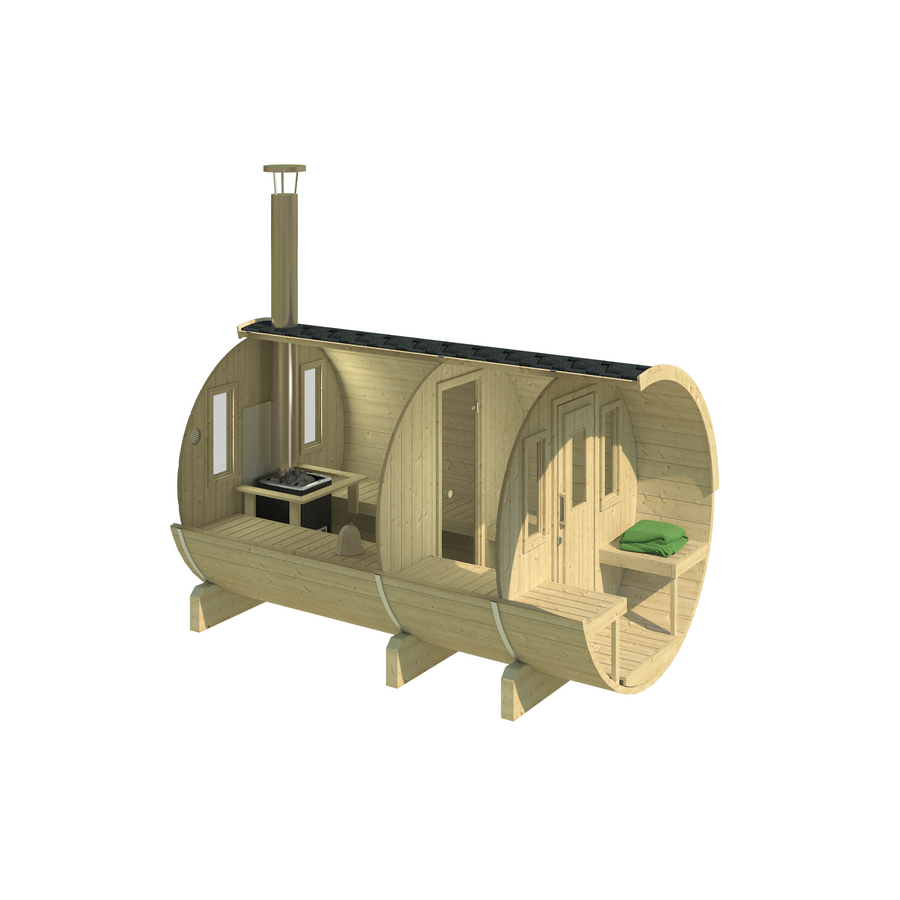 Barrel Sauna 330 with Terrace — Spruce Sauna & Outdoor Seating, 3.3m — spruce — side view 1