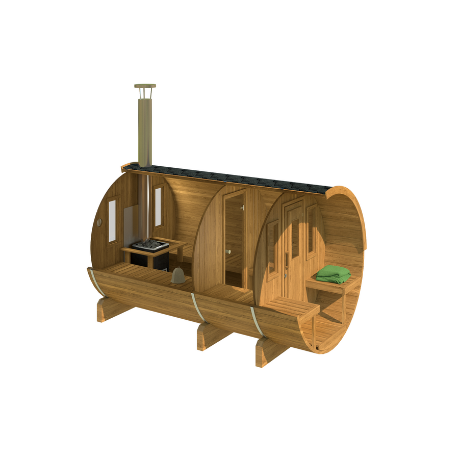 Barrel Sauna 330 with Terrace — Thermowood Sauna & Seating, 3.3m — thermowood — side view 1