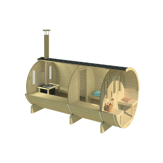 Barrel Sauna 400 — Longest Spruce Garden Sauna for Groups, 4m — spruce — side view 1