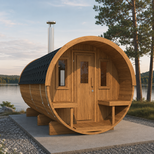 Barrel Sauna 400 — 7–8 Person Thermowood Garden Sauna, Separate Changing Area, 4m