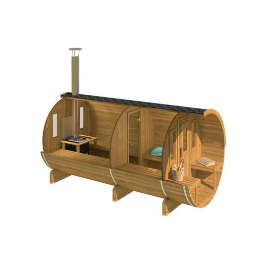 Barrel Sauna 400 — Longest Thermowood Garden Sauna, 4m — thermowood — side view 1