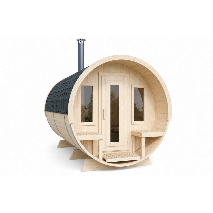 Barrel Sauna 400 Deluxe — Half-Moon Glass Spruce Sauna, 4m — spruce — angle view 1