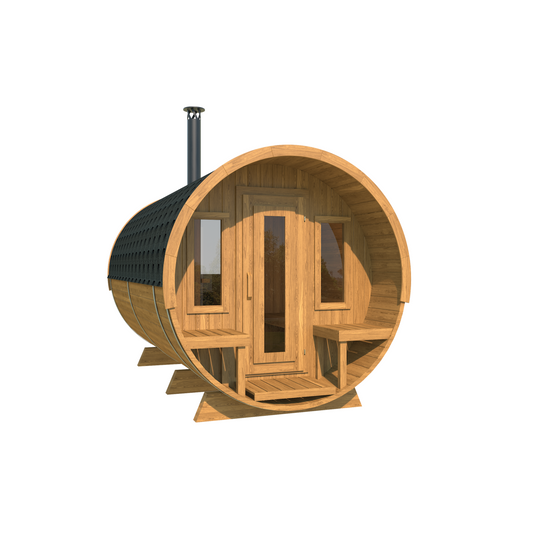 Barrel Sauna 400 Deluxe — Half-Moon Glass Thermowood Sauna, 4m — thermowood — angle view 1