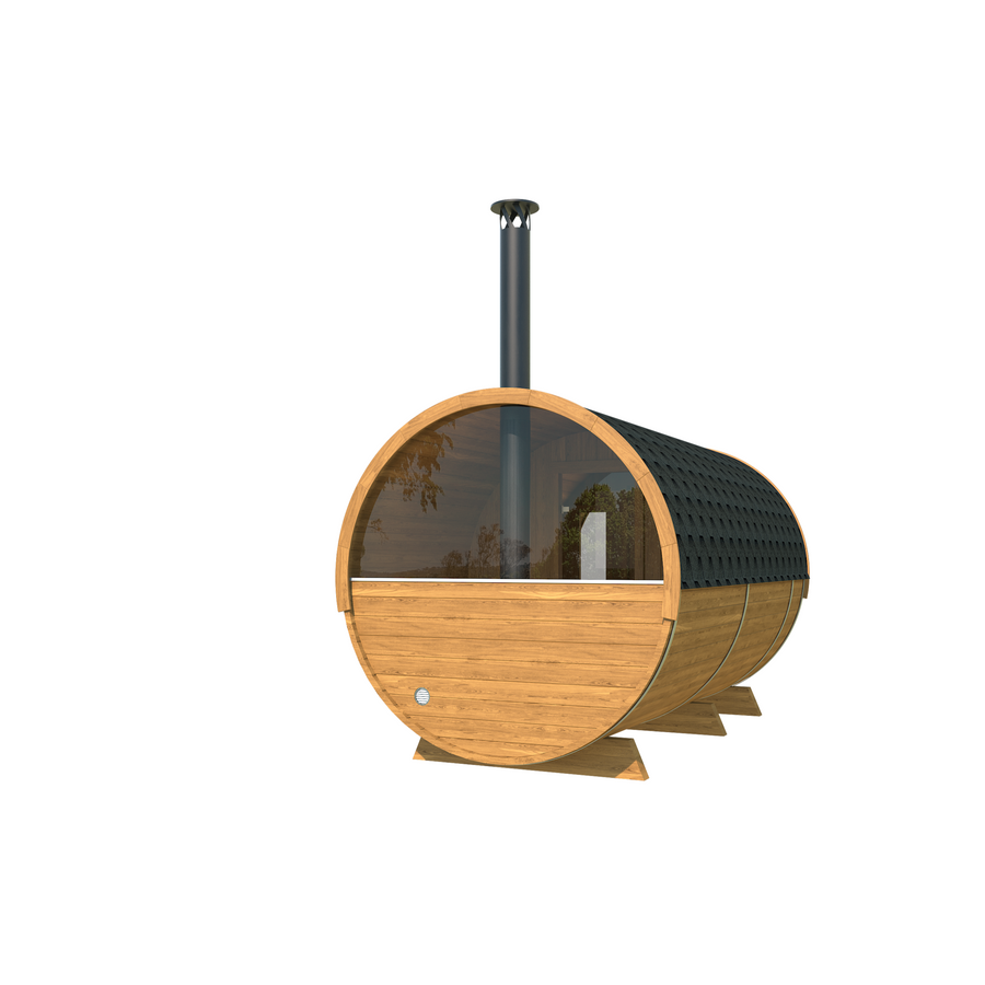Barrel Sauna 400 Deluxe — Half-Moon Glass Thermowood Sauna, 4m — thermowood — back view 1