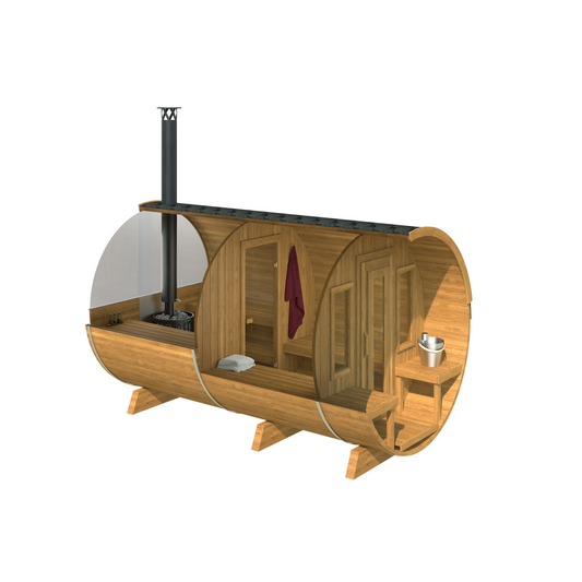 Barrel Sauna 400 Deluxe — Half-Moon Glass Thermowood Sauna, 4m — thermowood — side view 1