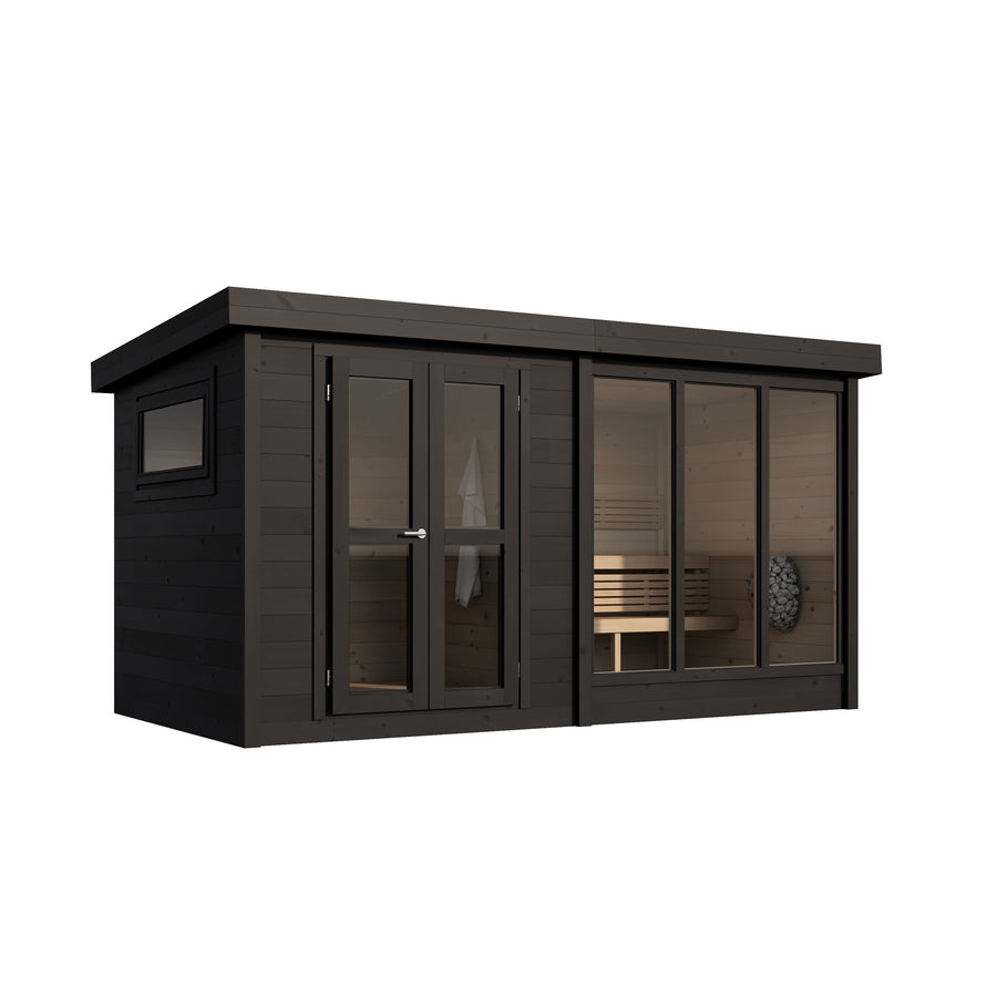 Multiroom Log Sauna Anita — Spruce Sauna with Front Room, 9m² — painted finish option — front view 1