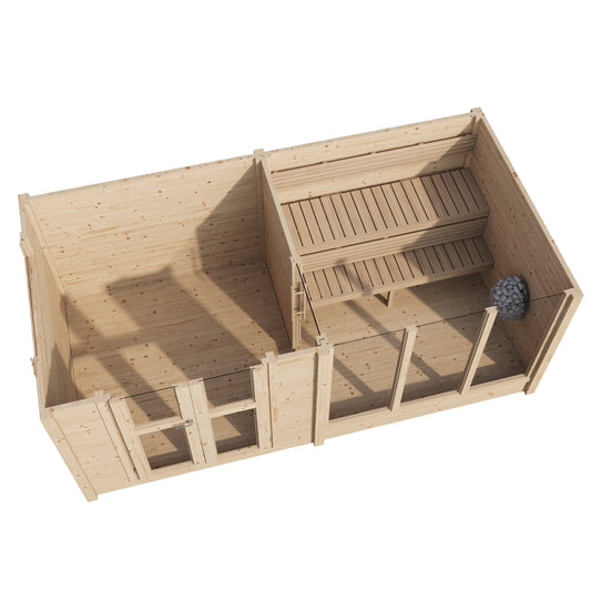 Multiroom Log Sauna Anita — Spruce Sauna with Front Room, 9m² — spruce — front view 2