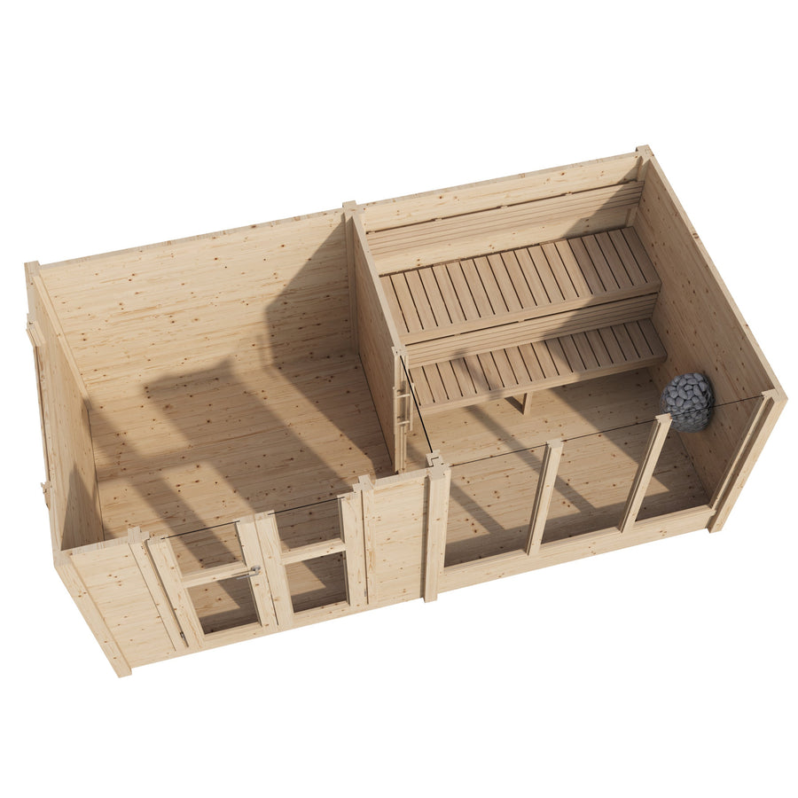 Multiroom Log Sauna Anita — Spruce Sauna with Front Room, 9m² — spruce — front view 2