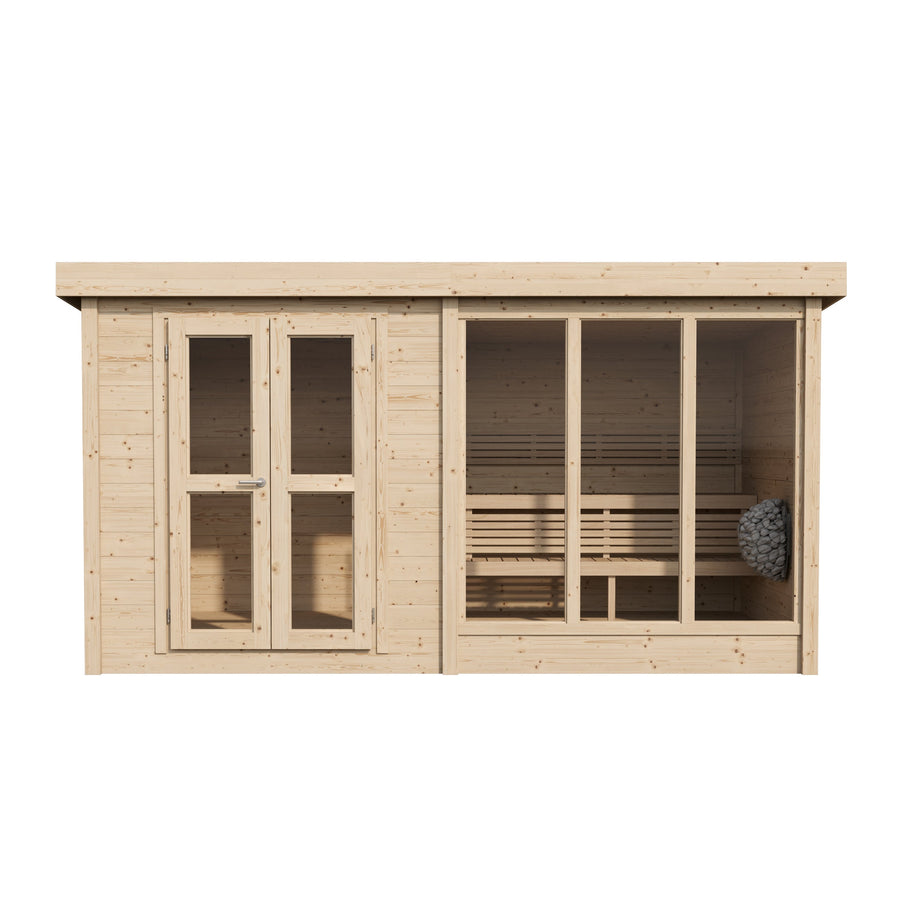Multiroom Log Sauna Anita — Spruce Sauna with Front Room, 9m² — spruce — front view 3
