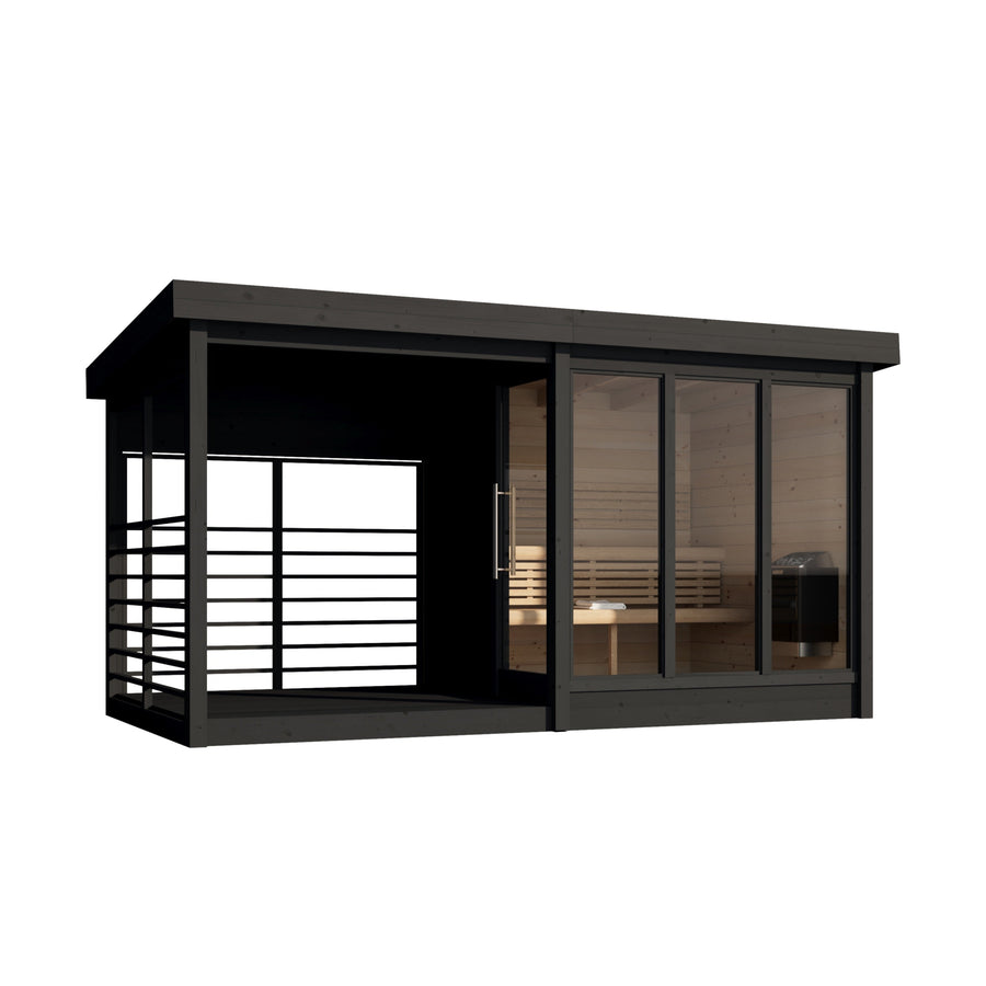 Multiroom Log Sauna Anita with Terrace — Glazed Spruce Sauna & Seating — painted finish option — angle view 1