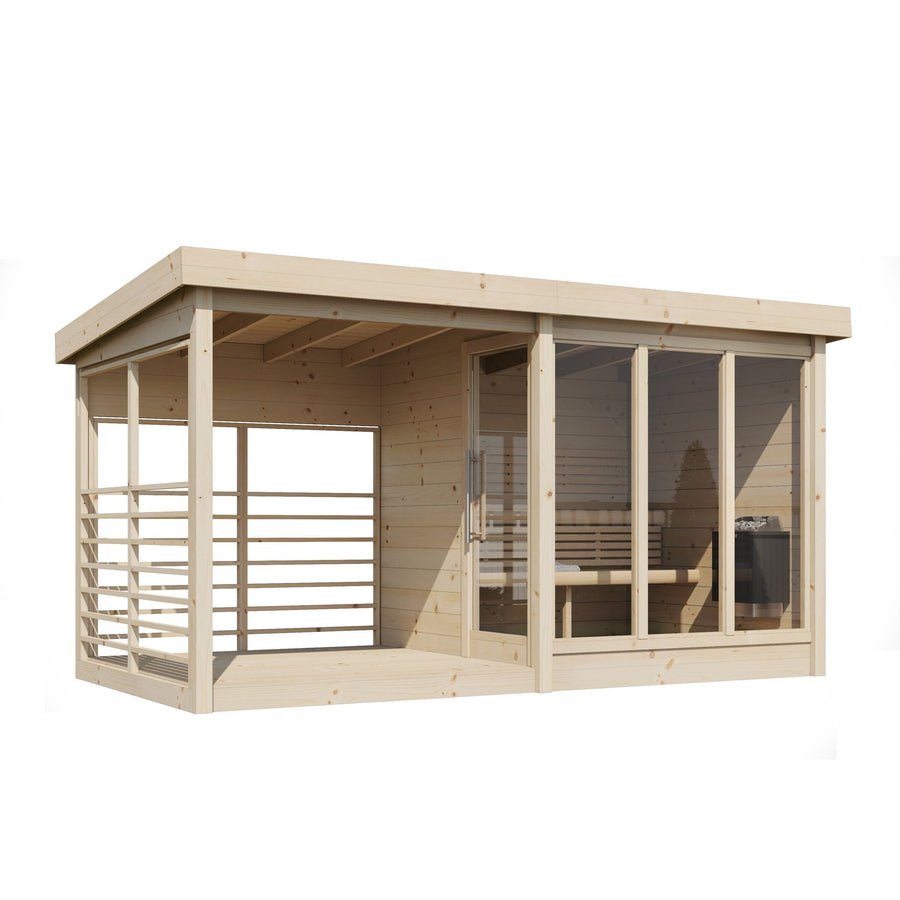 Multiroom Log Sauna Anita with Terrace — Glazed Spruce Sauna & Seating — spruce — angle view 1