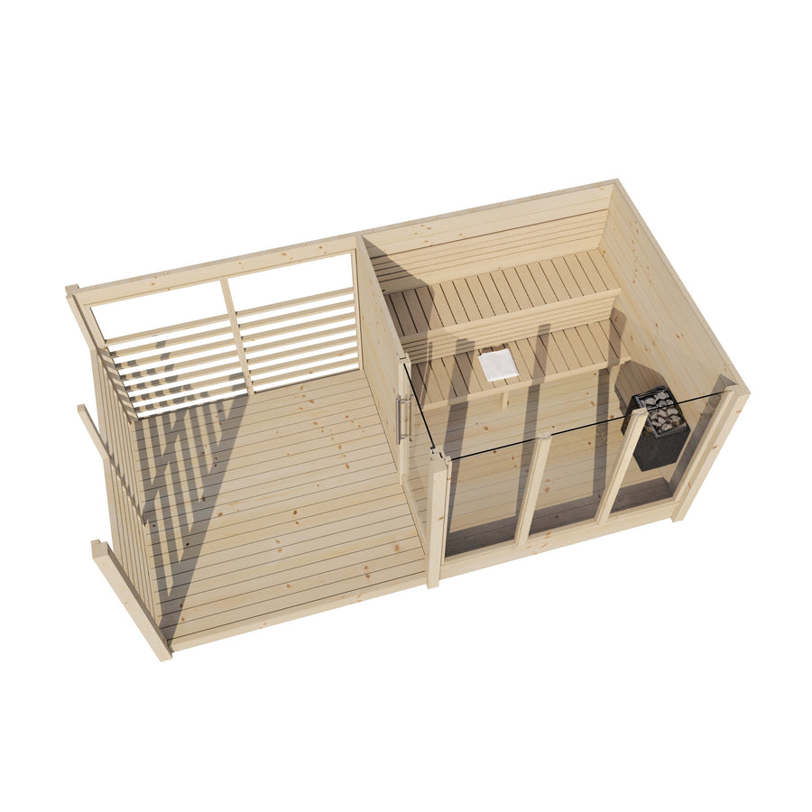 Multiroom Log Sauna Anita with Terrace — Glazed Spruce Sauna & Seating — spruce — side view 1