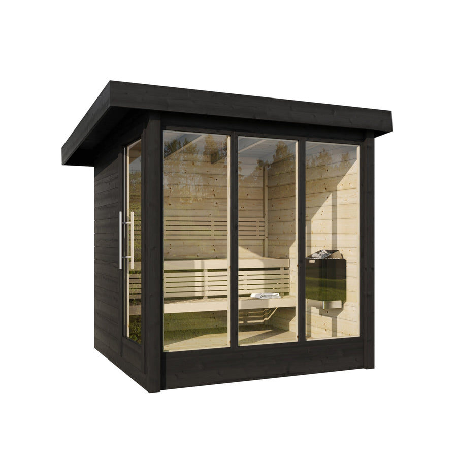 Multiroom Log Sauna Anita — 3-4 Person Spruce Sauna with Changing Room — painted finish option — angle view 1