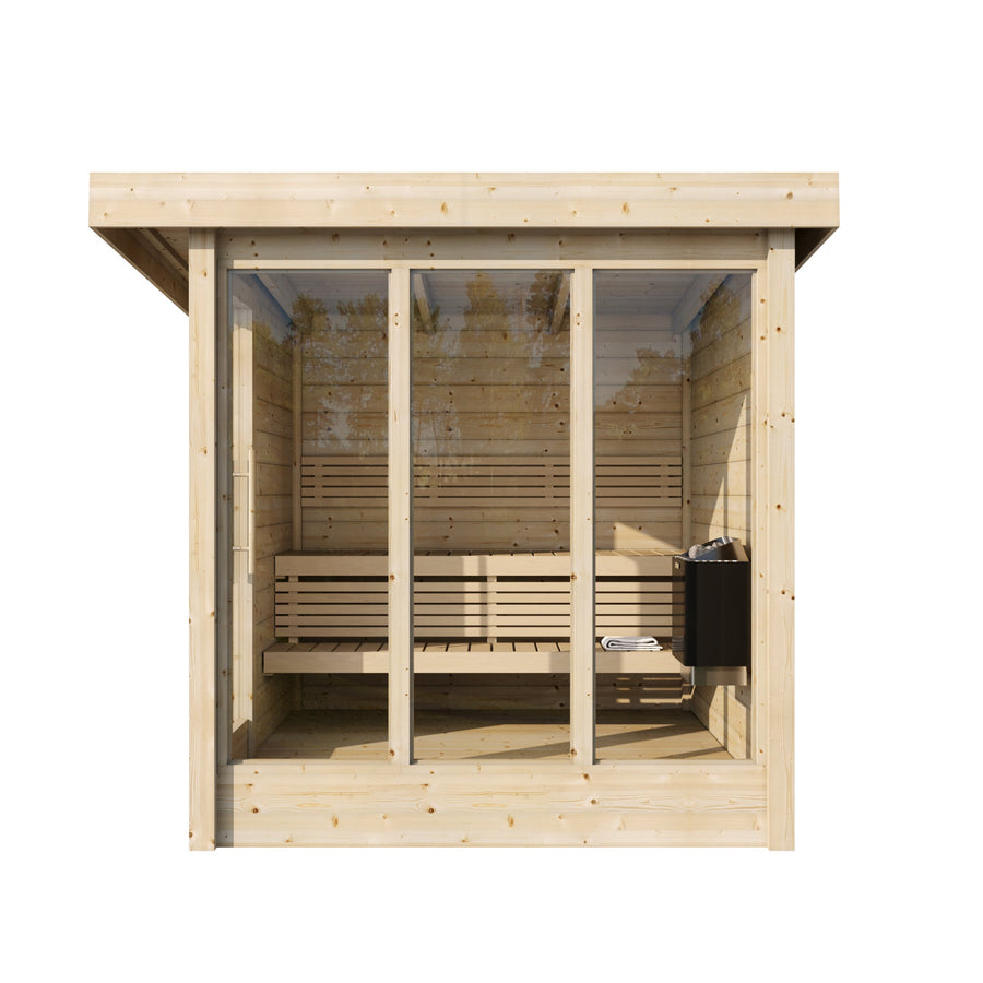 Multiroom Log Sauna Anita — 3-4 Person Spruce Sauna with Changing Room — spruce — front view 1