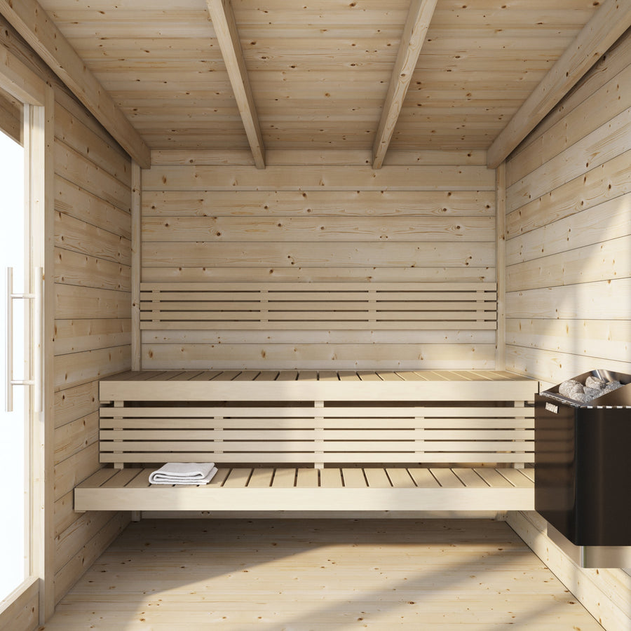 Multiroom Log Sauna Anita — 3-4 Person Spruce Sauna with Changing Room — spruce — side view 2