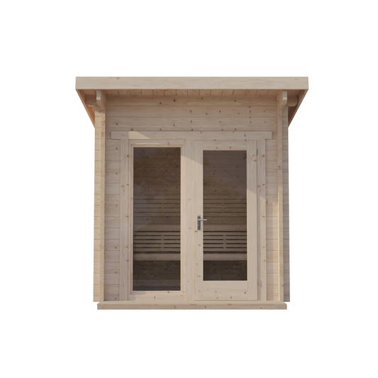 Log Cube Sauna Panorama — 2–3 Person 45mm Spruce Garden Sauna, Floor-to-Ceiling Panoramic Glass, 4m²