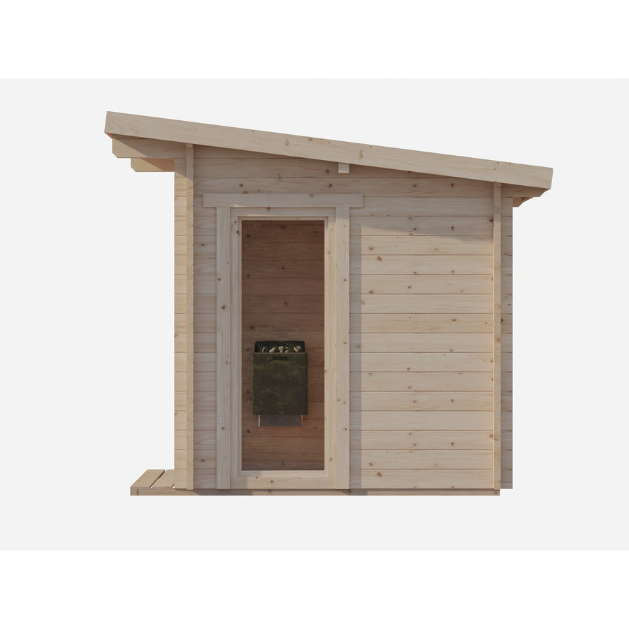Log Cube Sauna Panorama — 45mm Spruce Sauna, Full Glass Front — spruce — side view 1