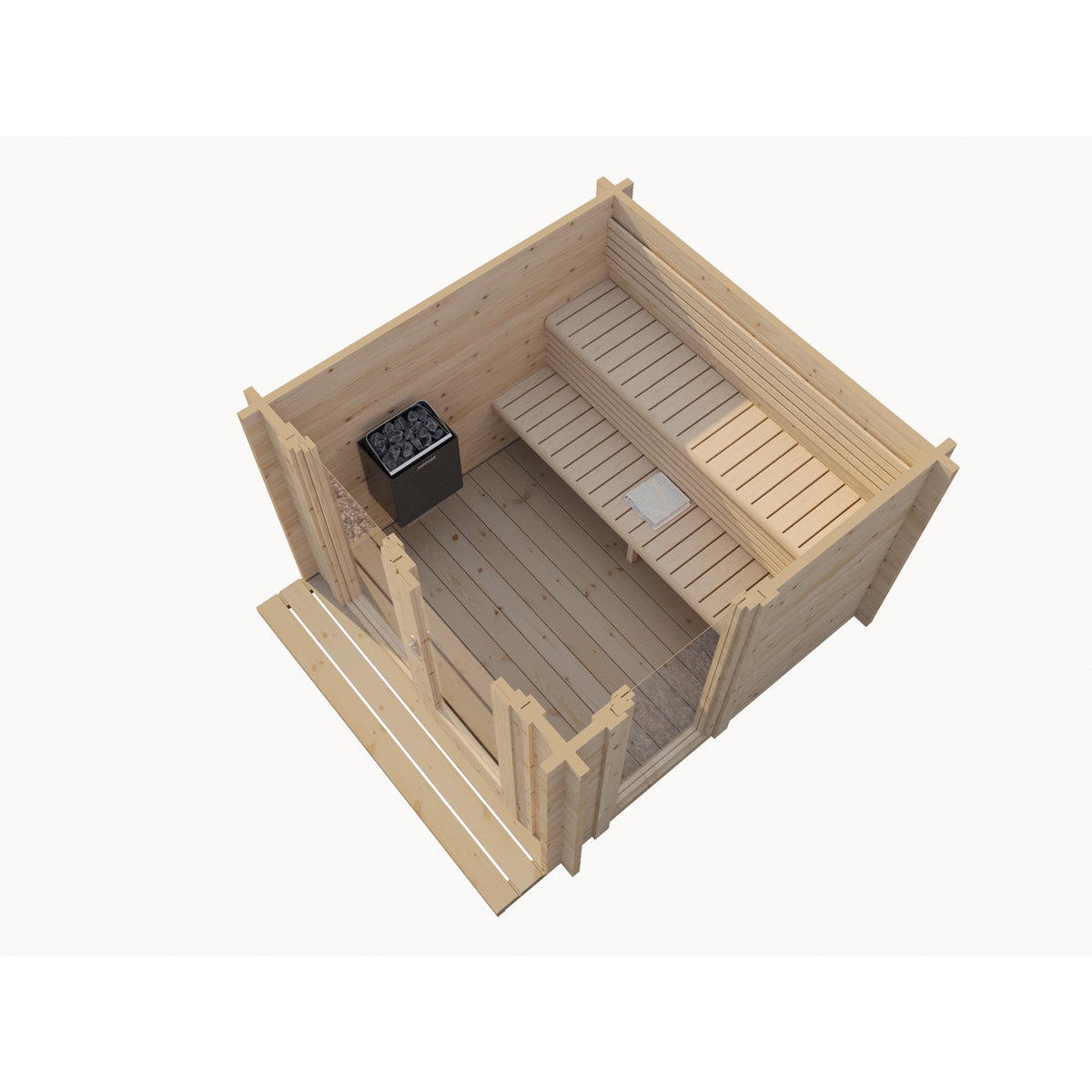 Log Cube Sauna Panorama — 45mm Spruce Sauna, Full Glass Front — spruce — side view 3