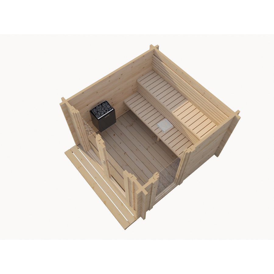 Log Cube Sauna Panorama — 45mm Spruce Sauna, Full Glass Front — spruce — side view 3