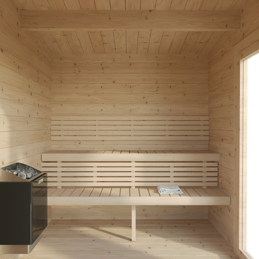 Log Cube Sauna Panorama — 45mm Spruce Sauna, Full Glass Front — spruce — side view 4
