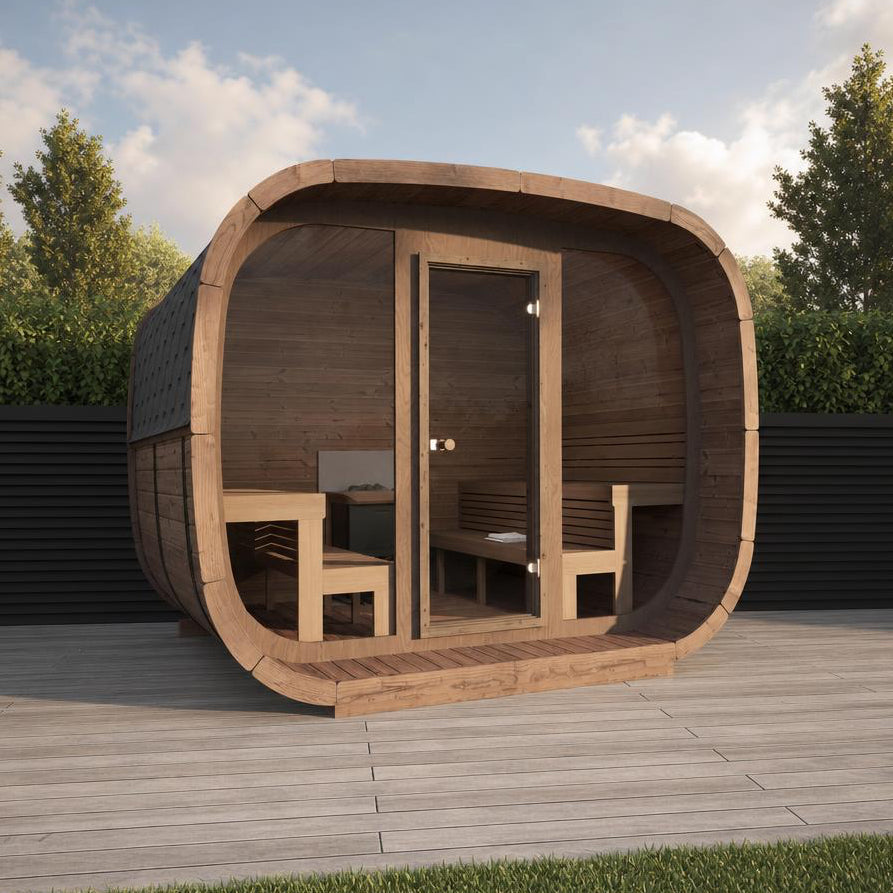 Cube Sauna Cubus Premium — Full Front Glass Thermowood, Premium Spec — lifestyle